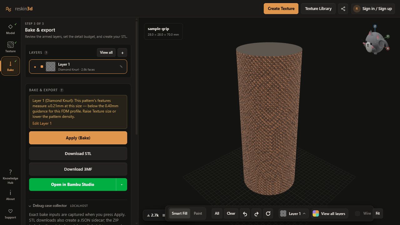 Reskin3D Bake stage with layer warning, Apply button, exports, and slicer handoff