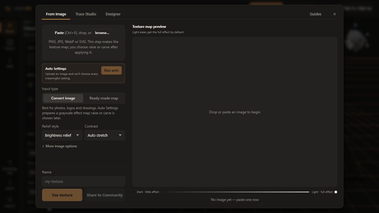 From Image creator with source interpretation controls and grayscale texture-map preview