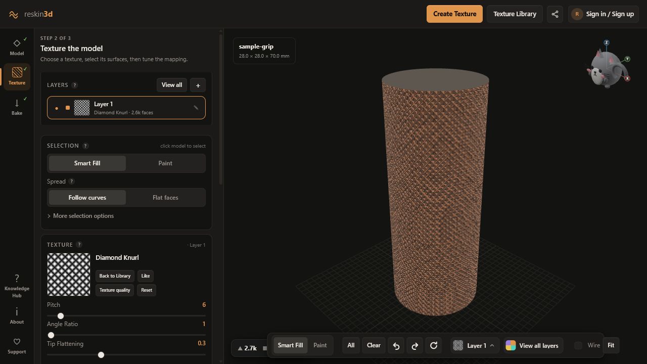 Active Reskin3D workspace with a textured sample model and the three-stage navigation
