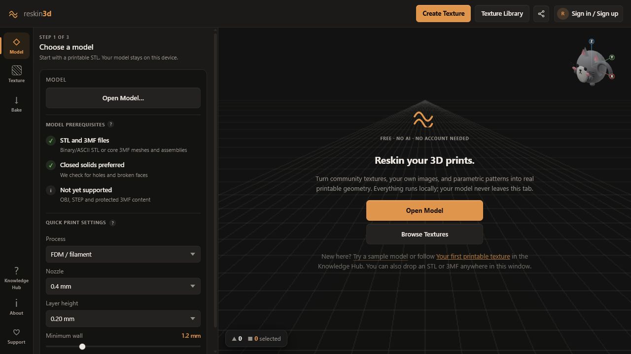 Reskin3D start screen with Model settings and Open Model actions