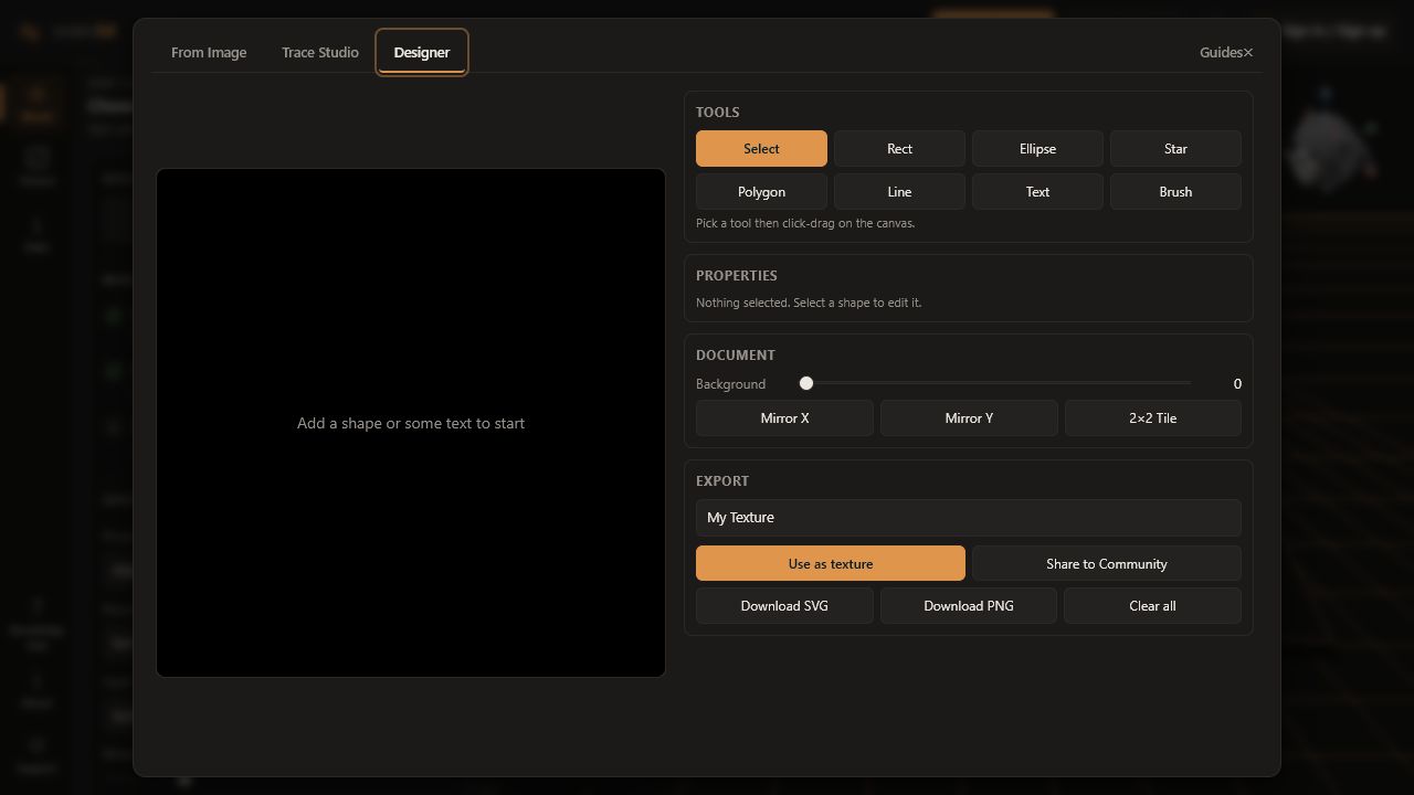 Texture Designer with shape tools, document controls, export actions, and a central canvas