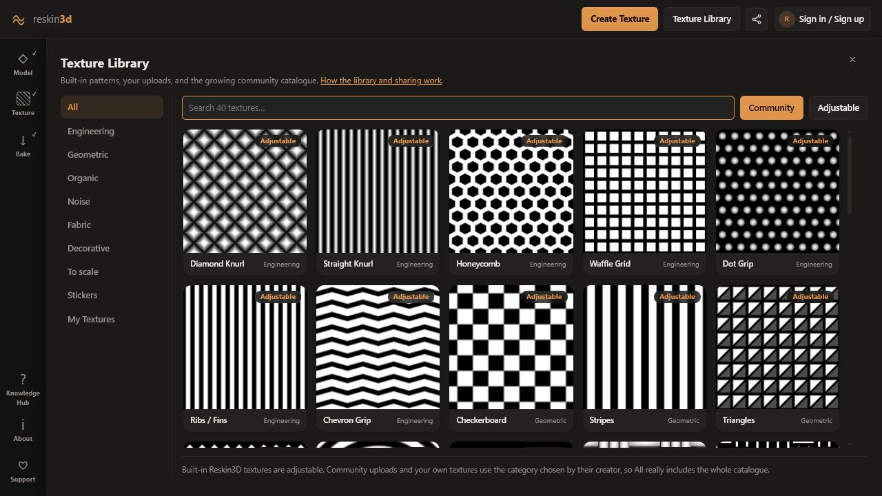 Reskin3D Texture Library with categories, search, source filters, and texture cards